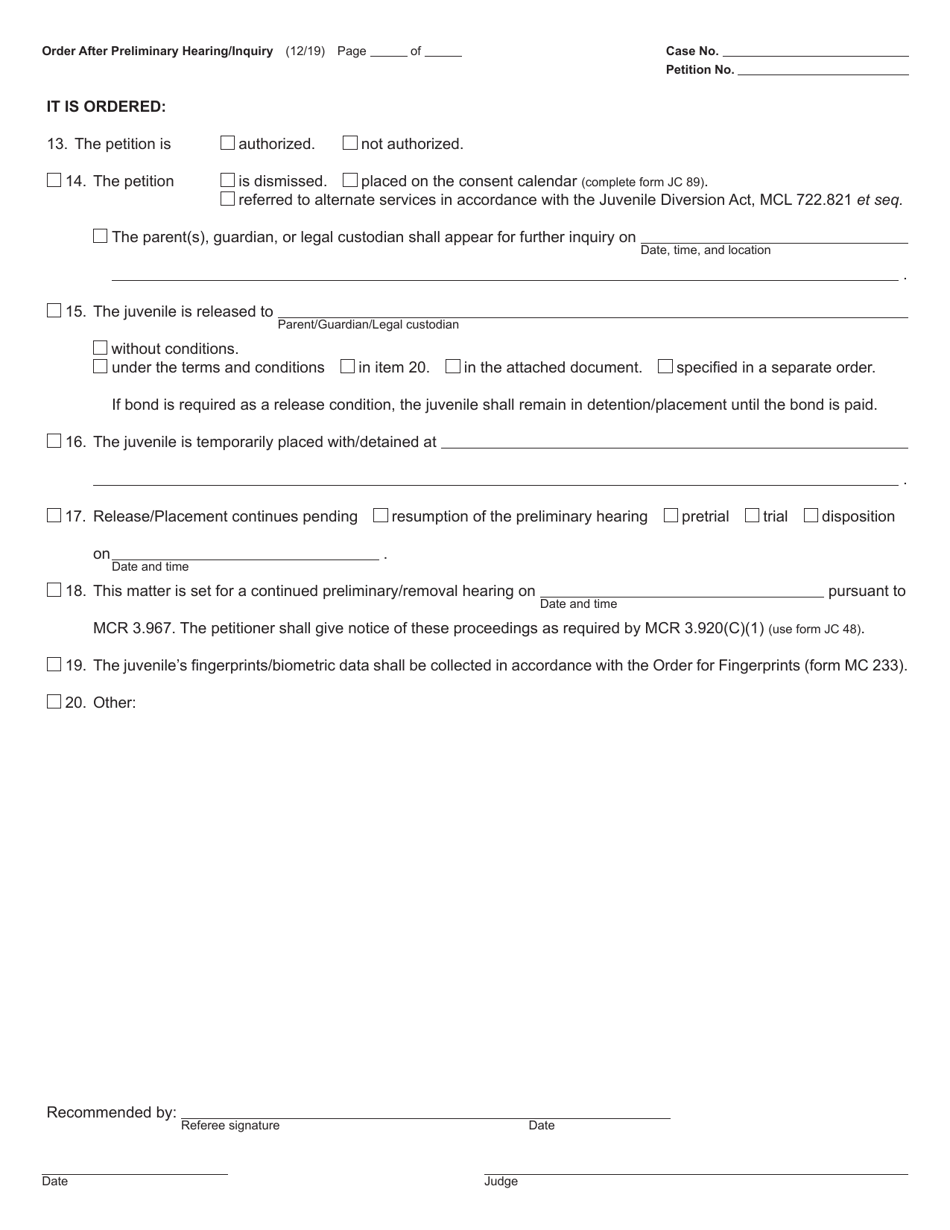 Form JC10 Order After Preliminary Hearing / Inquiry (Delinquency / Personal Protection) - Michigan, Page 3