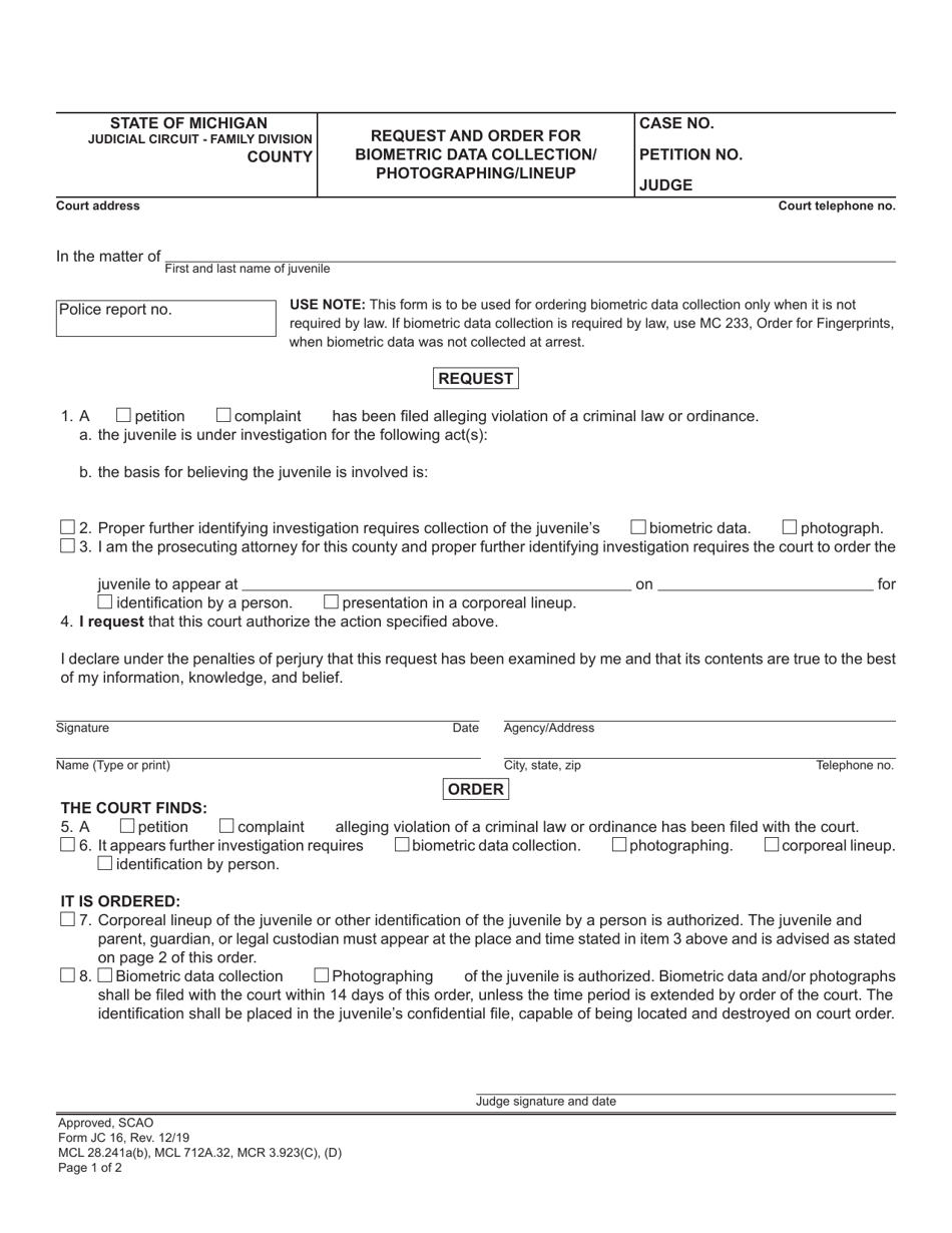 Form JC16 Request and Order for Biometric Data Collection / Photographing / Lineup - Michigan, Page 1