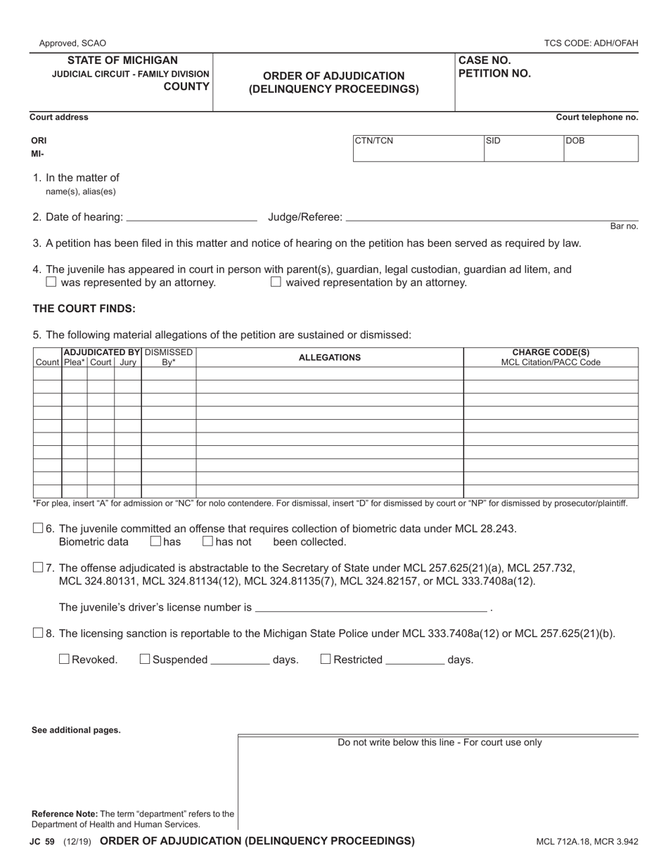 Form JC59 Download Fillable PDF or Fill Online Order of Adjudication ...