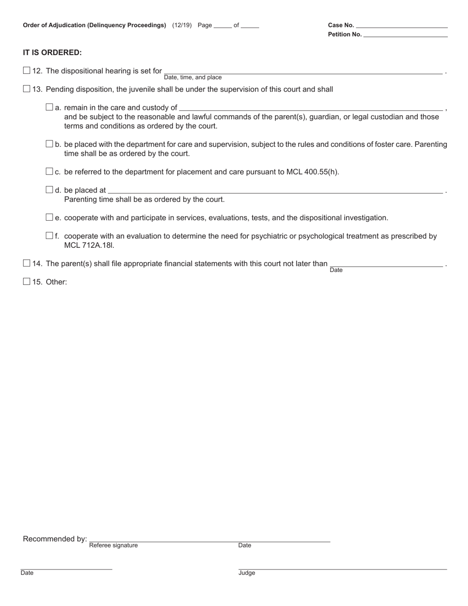 Form JC59 Order of Adjudication (Delinquency Proceedings) - Michigan, Page 3