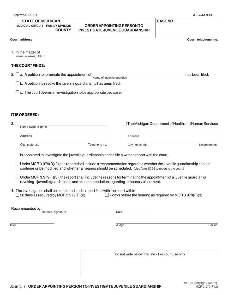 Form JC95 Order Appointing Person to Investigate Juvenile Guardianship - Michigan, Page 1