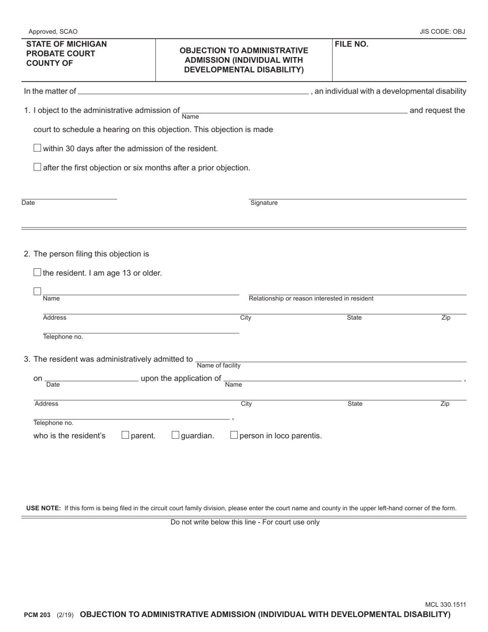 Form PCM203 Objection to Administrative Admission (Individual With Developmental Disability) - Michigan, Page 1