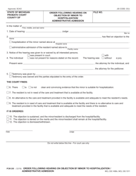 Document preview: Form PCM205 Order Following Hearing on Objection by Minor to Hospitalization/ Administrative Admission - Michigan