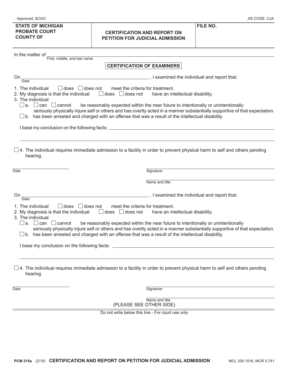 Form PCM215A Certification and Report on Petition for Judicial Admission - Michigan, Page 1