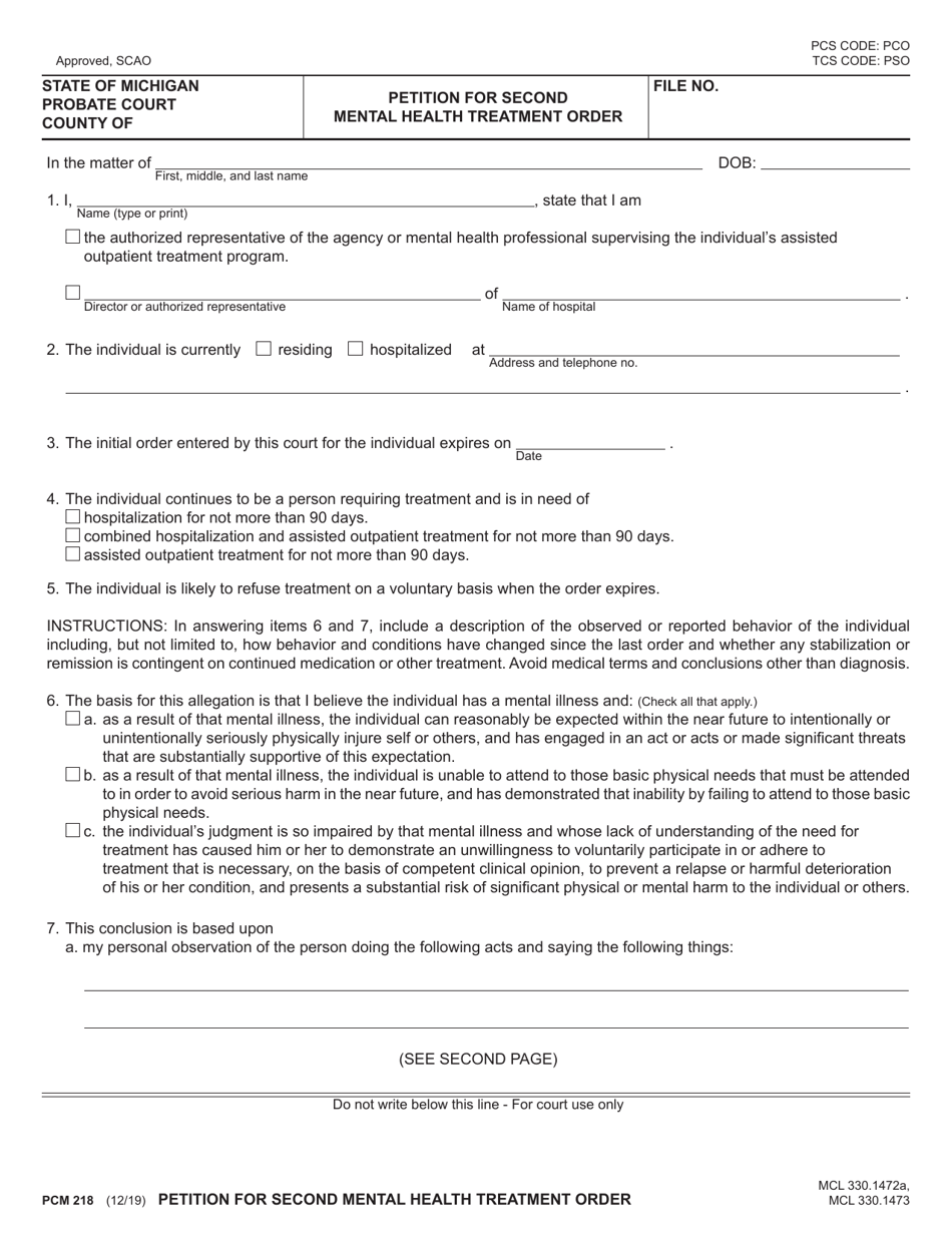 Form PCM218 Petition for Second Mental Health Treatment Order - Michigan, Page 1