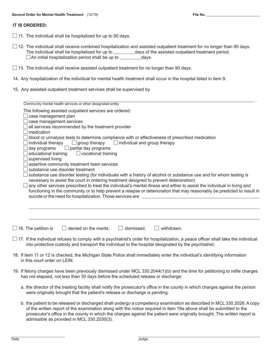 Form PCM219 Second Order for Mental Health Treatment - Michigan, Page 2