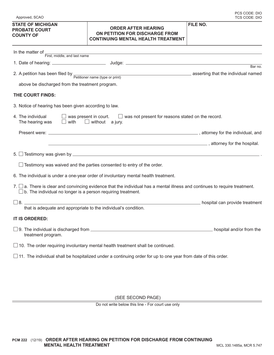 Form PCM222 Download Fillable PDF or Fill Online Order After Hearing on ...