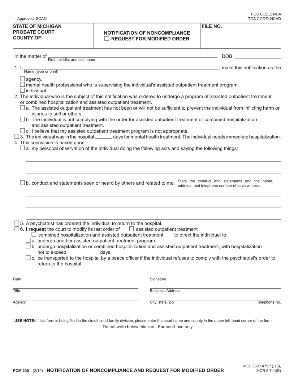 Form PCM230 Notification of Noncompliance / Request for Modified Order - Michigan, Page 1