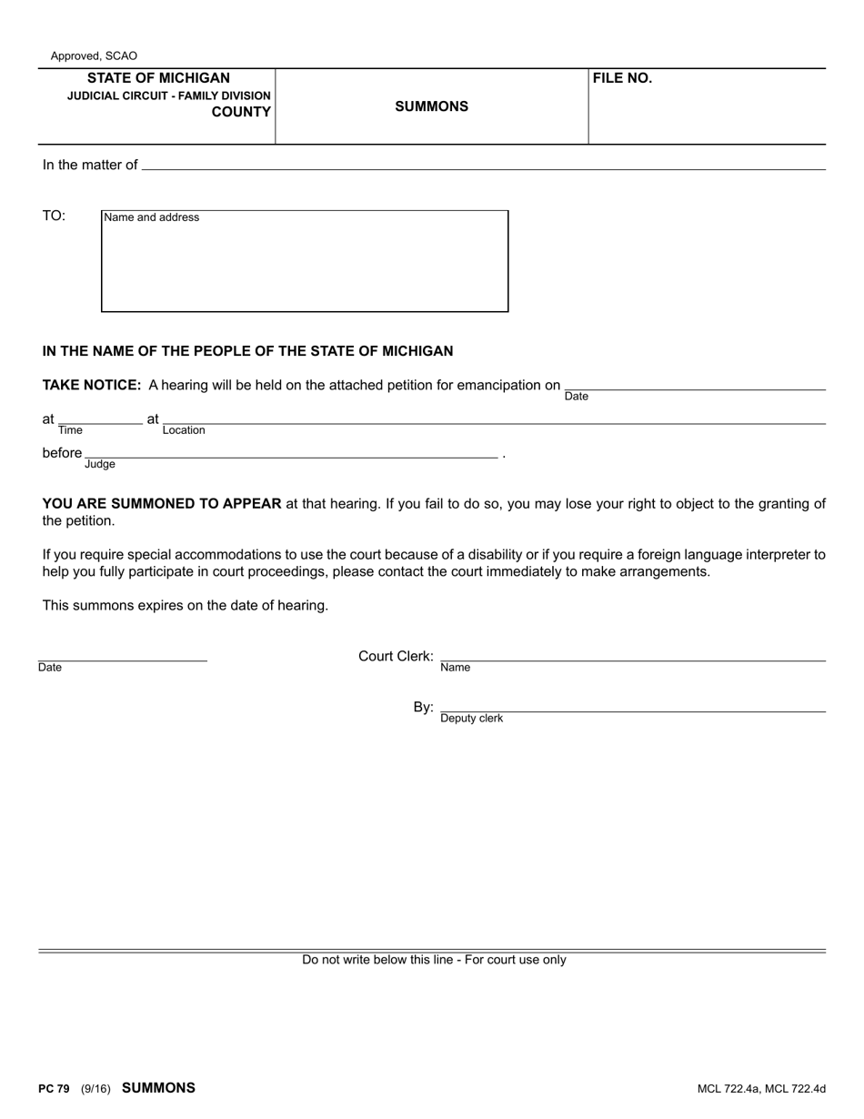 Form PC79 Summons - Michigan, Page 1