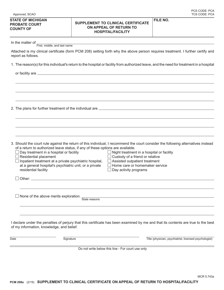 Form PCM208A Supplement to Clinical Certificate on Appeal of Return to Hospital/Facility - Michigan, Page 1
