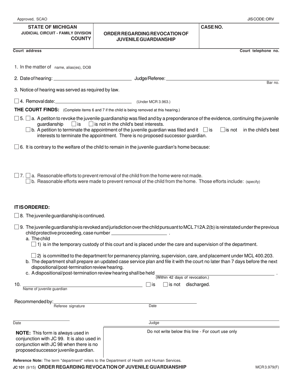 Form JC101 Order Regarding Revocation of Juvenile Guardianship - Michigan, Page 1
