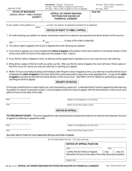 Form PC121 Appeal of Order Denying Petition for Waiver of Parental Consent - Michigan