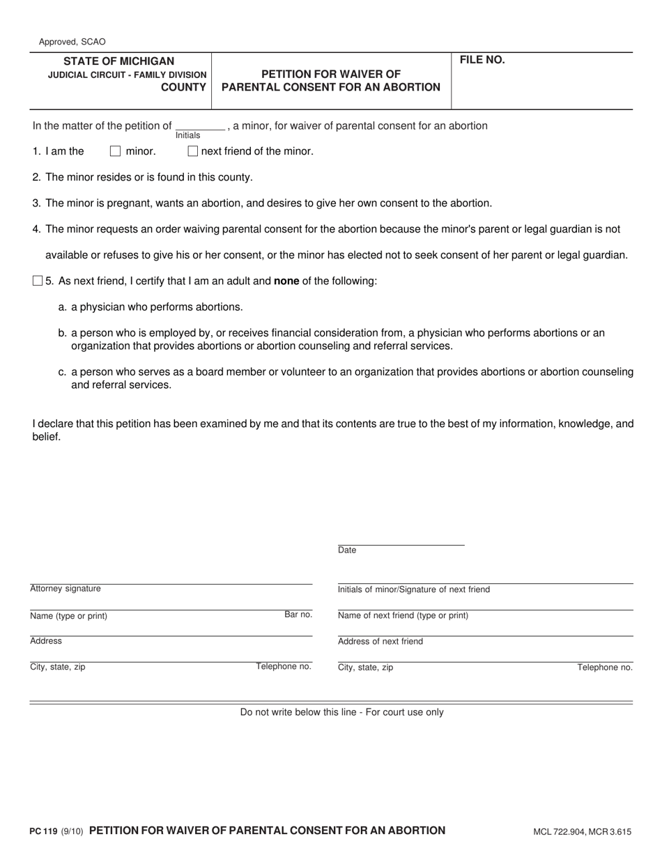 Form PC119 Petition for Waiver of Parental Consent for an Abortion - Michigan, Page 1