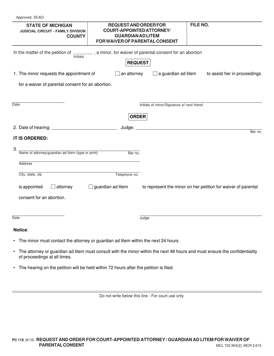 Form PC118 Request and Order for Court-Appointed Attorney / Guardian Ad Litem for Waiver of Parental Consent - Michigan, Page 1