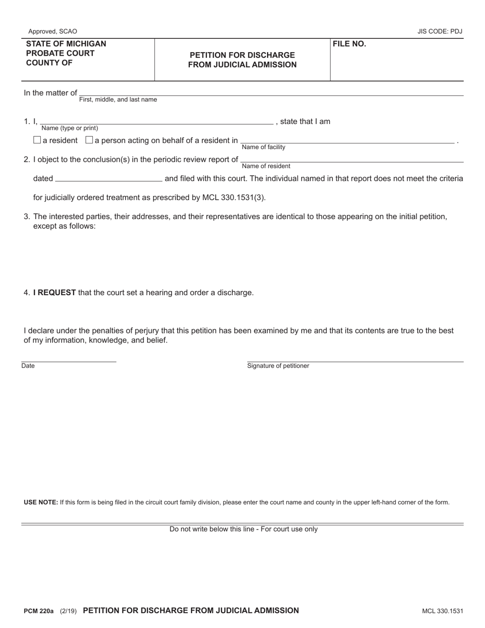 Form PCM220A Petition for Discharge From Judicial Admission - Michigan, Page 1
