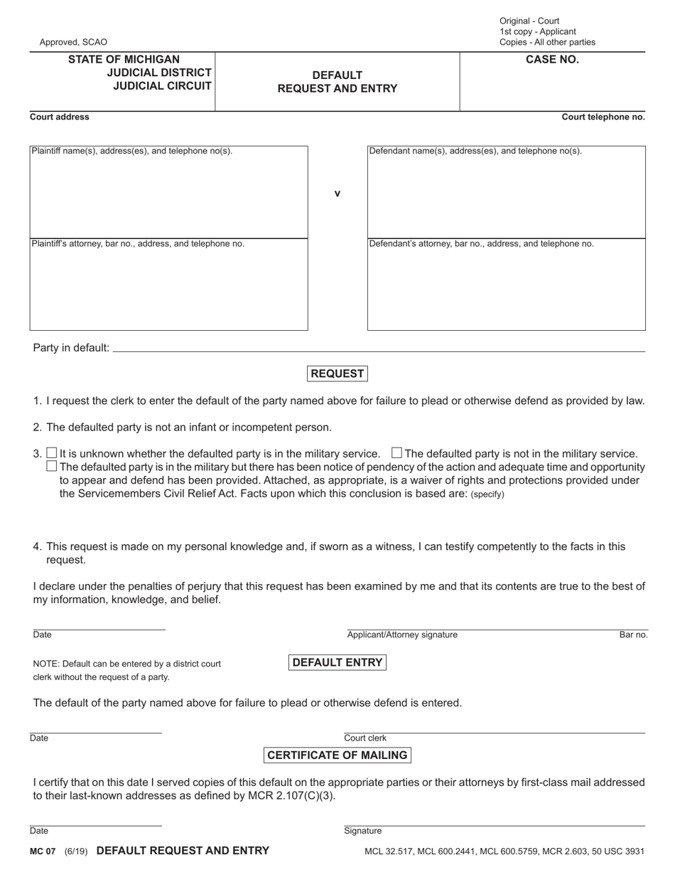 Form MC07 Default Request and Entry - Michigan, Page 1