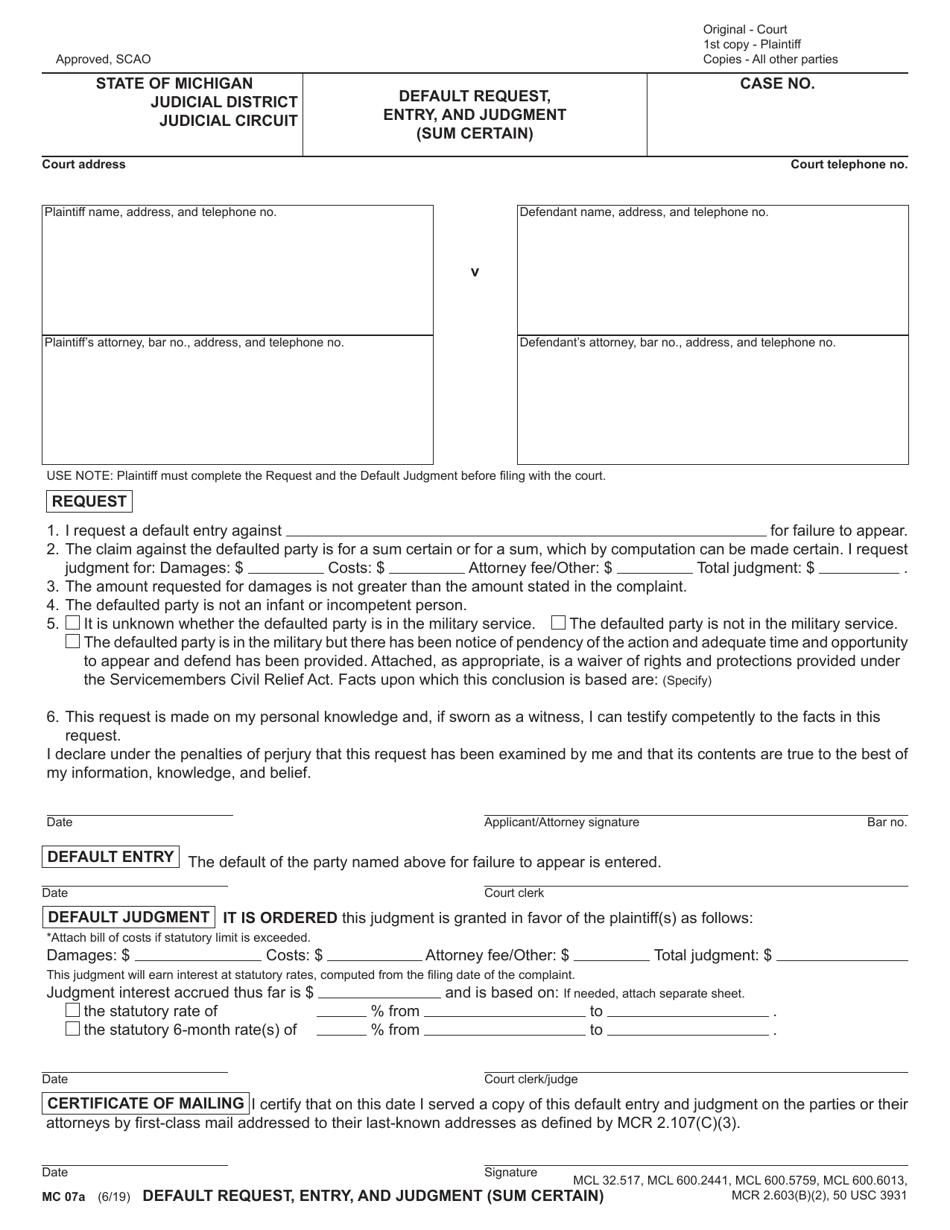 Form MC07A Default Request, Entry, and Judgment (Sum Certain) - Michigan, Page 1