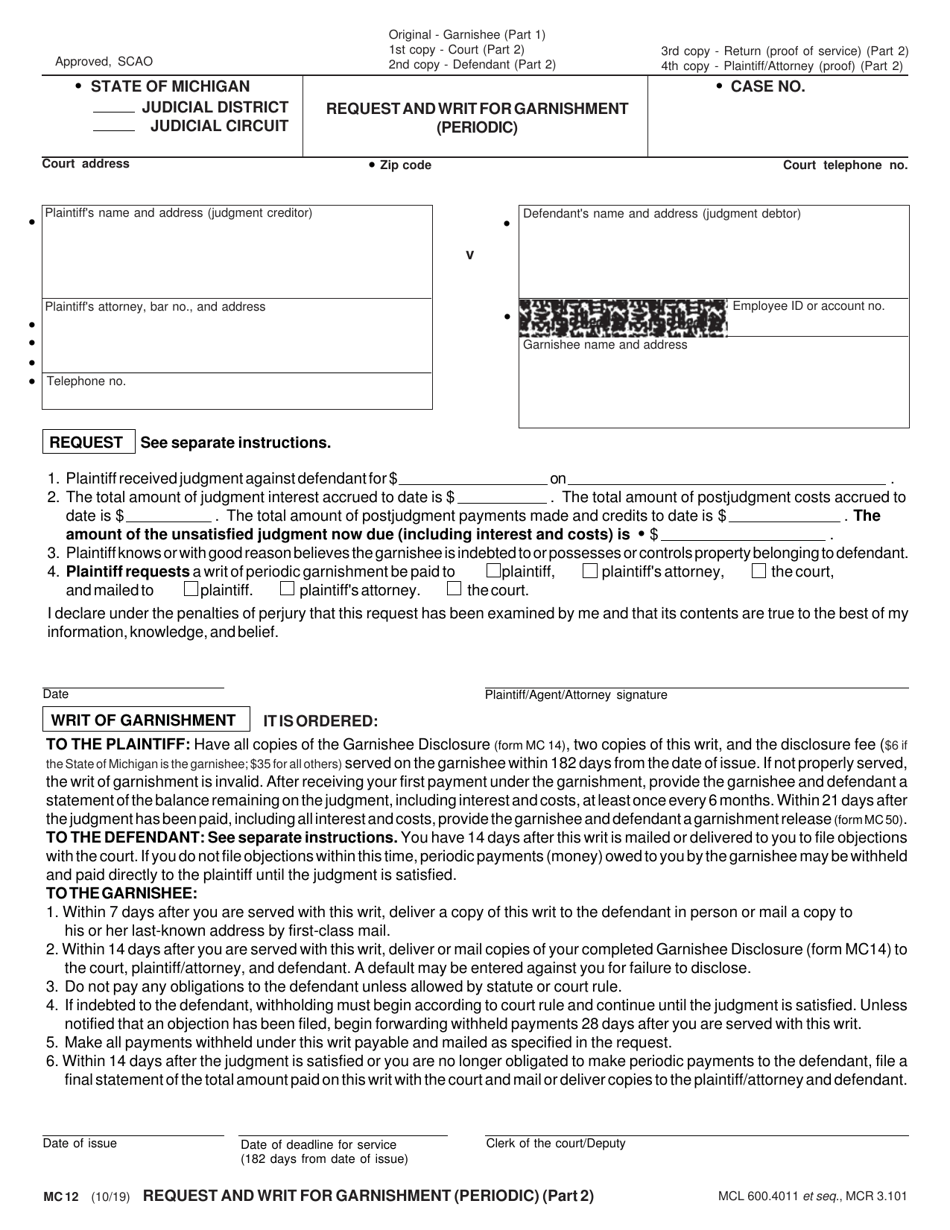 Form MC12 Request and Writ for Garnishment (Periodic) - Michigan, Page 2