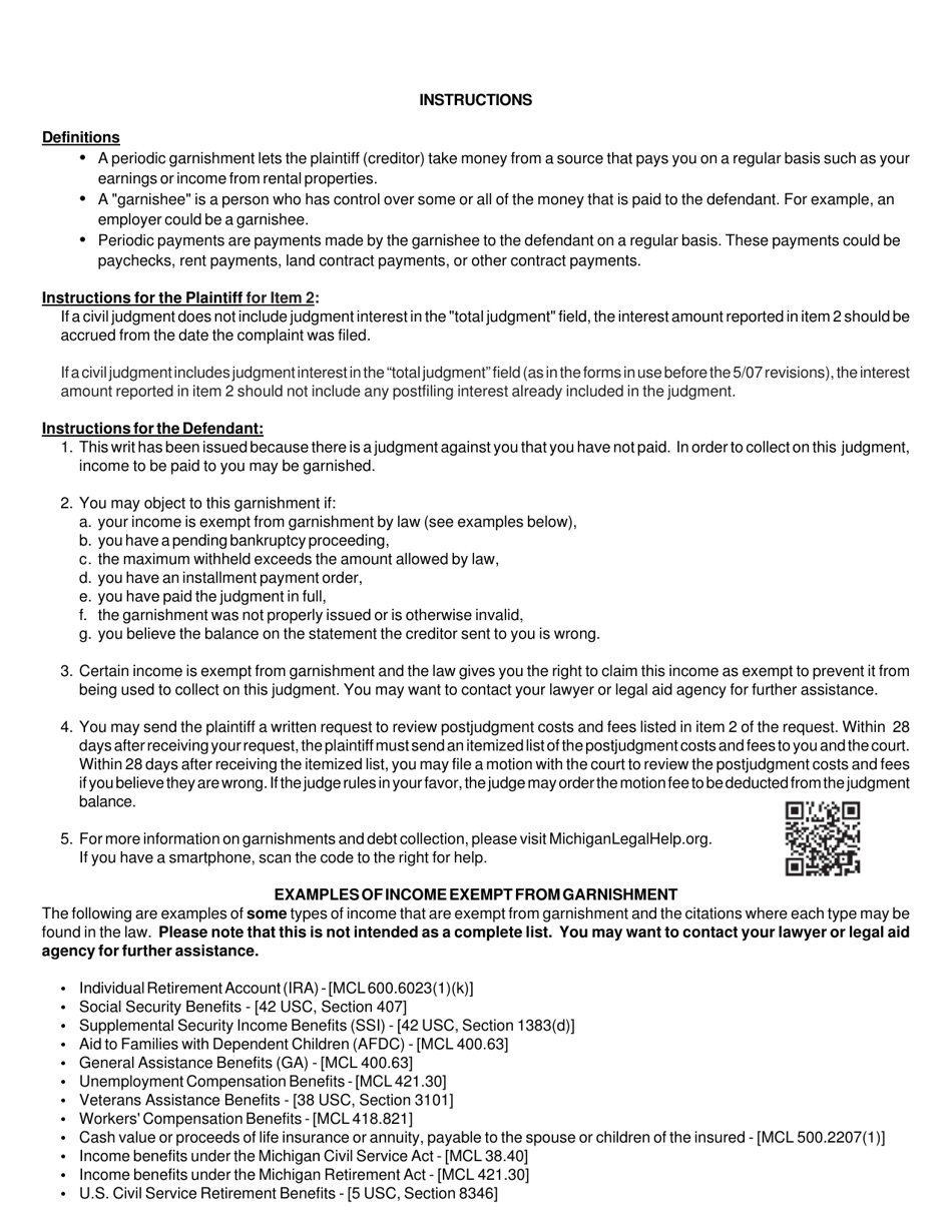 Form MC12 Request and Writ for Garnishment (Periodic) - Michigan, Page 3