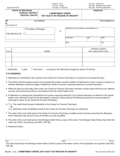 Form MC207 Commitment Order, Not Guilty by Reason of Insanity - Michigan