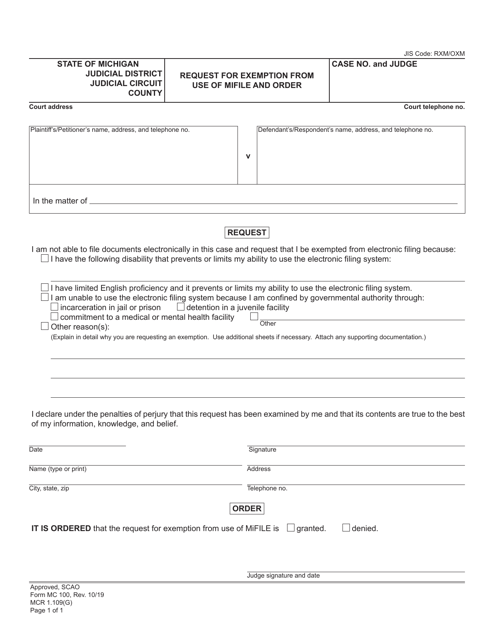 Form MC100 Request for Exemption From Use of Mifile and Order - Michigan