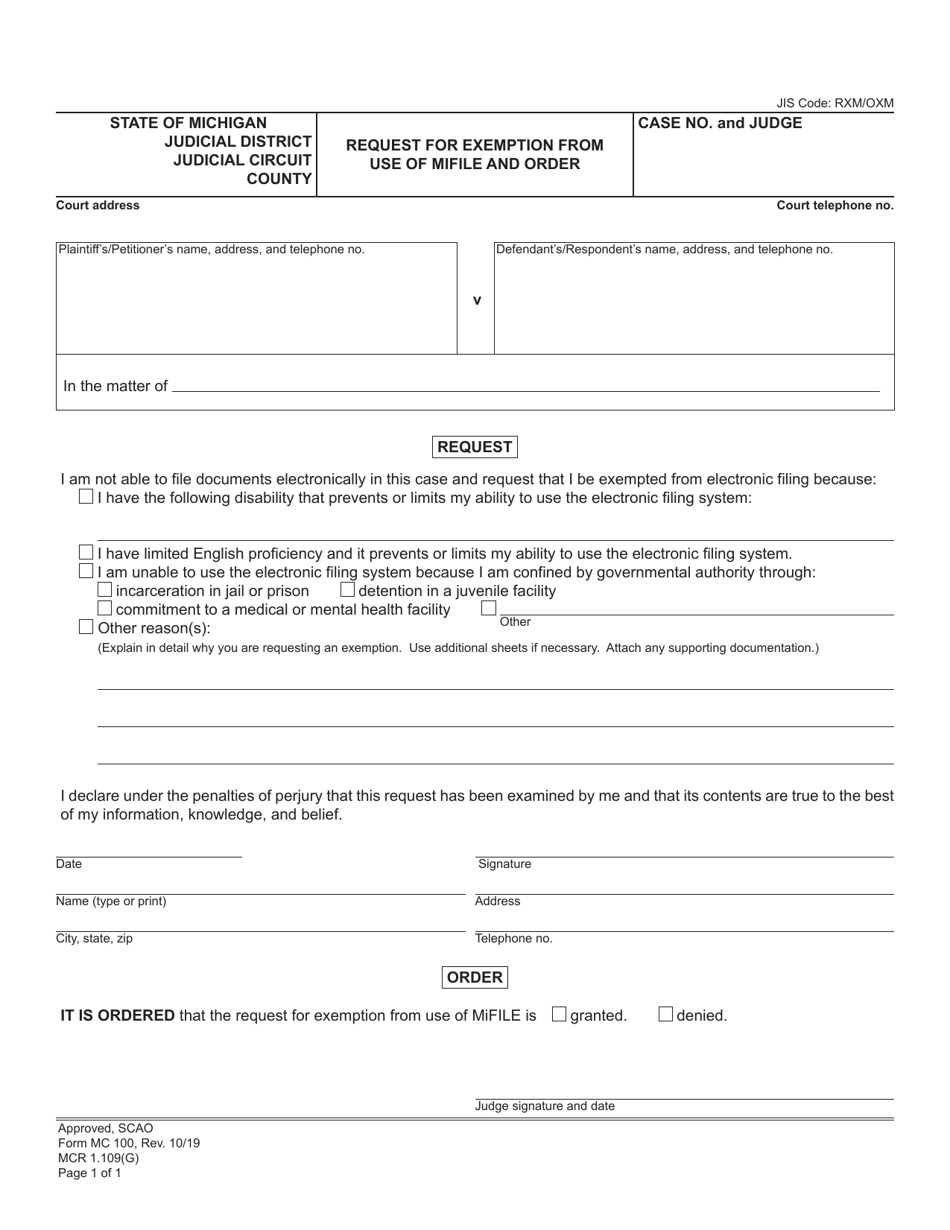 Form MC100 Request for Exemption From Use of Mifile and Order - Michigan, Page 1