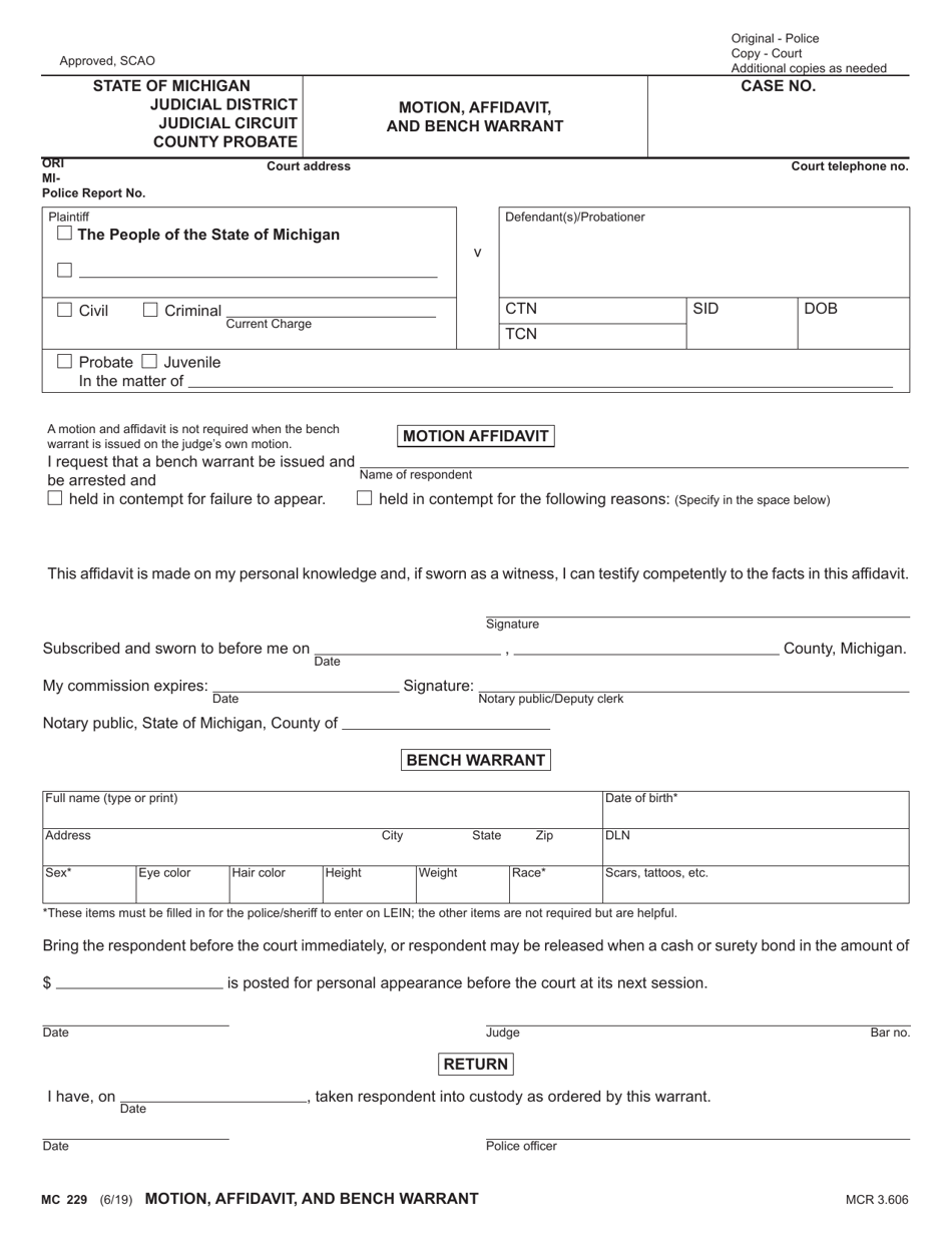 Form MC229 Motion, Affidavit, and Bench Warrant - Michigan, Page 1