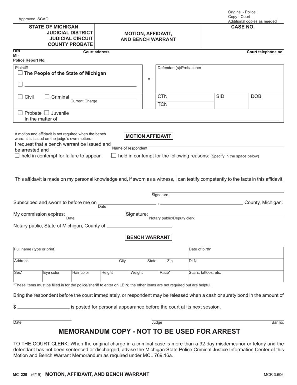 Form MC229 Motion, Affidavit, and Bench Warrant - Michigan, Page 2