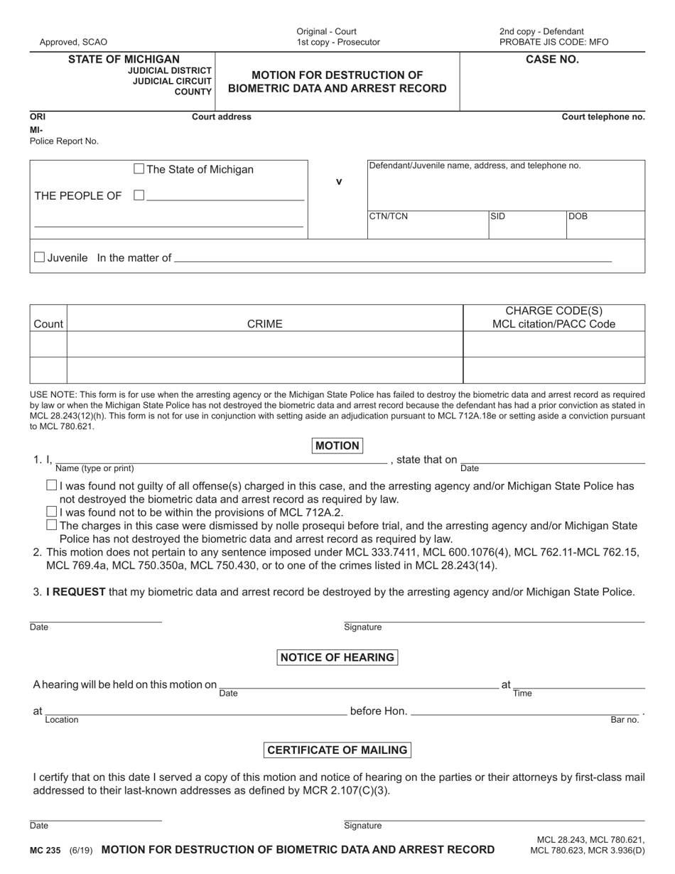 Form MC235 Motion for Destruction of Biometric Data and Arrest Record - Michigan, Page 1