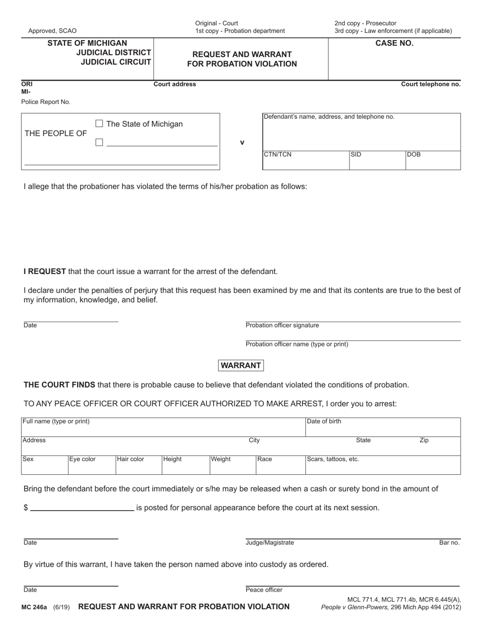 Form MC246A Request and Warrant for Probation Violation - Michigan, Page 1