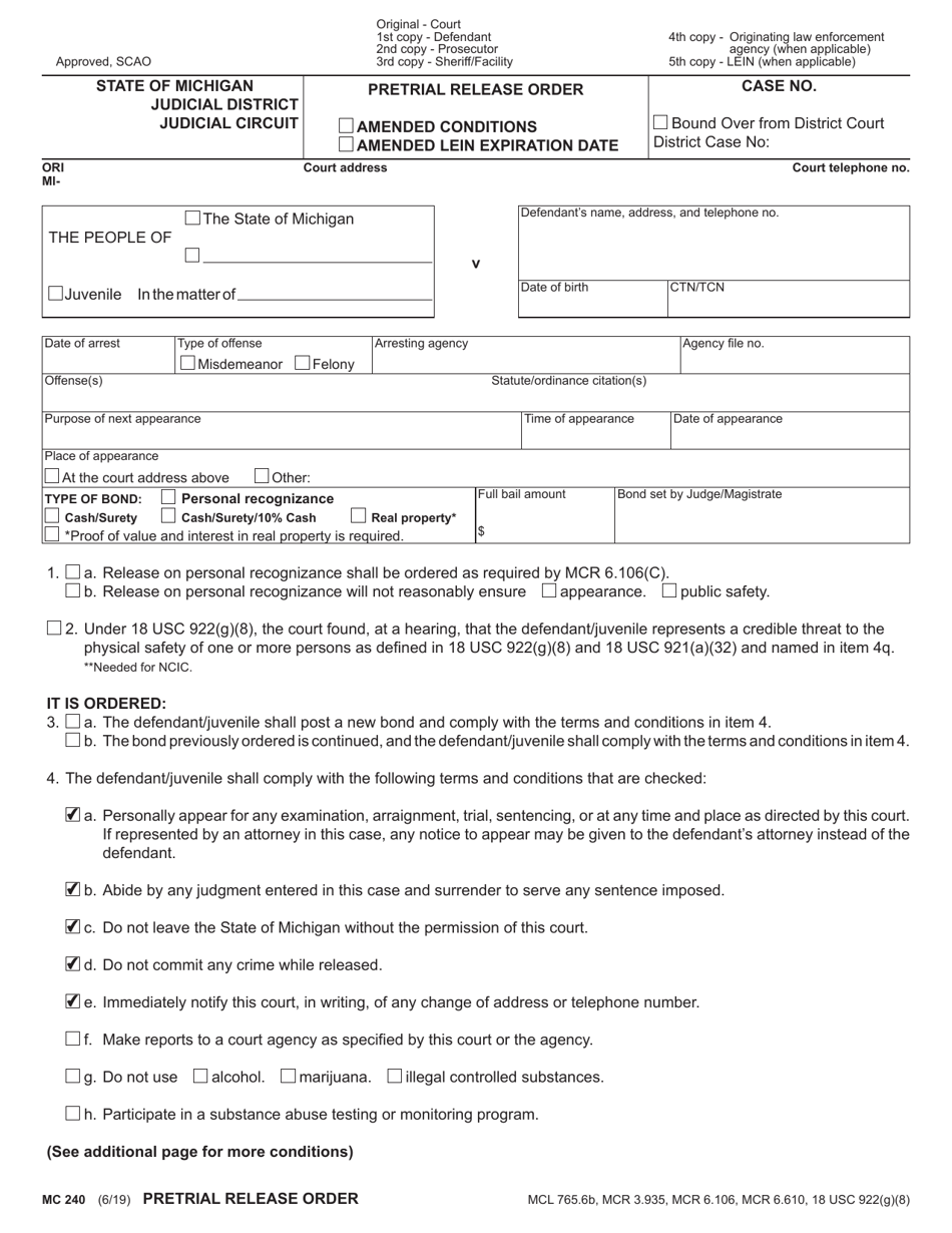 Form MC240 Pretrial Release Order - Michigan, Page 1