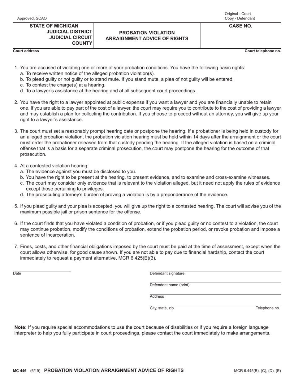 Form MC446 Probation Violation Arraignment Advice of Rights - Michigan, Page 1