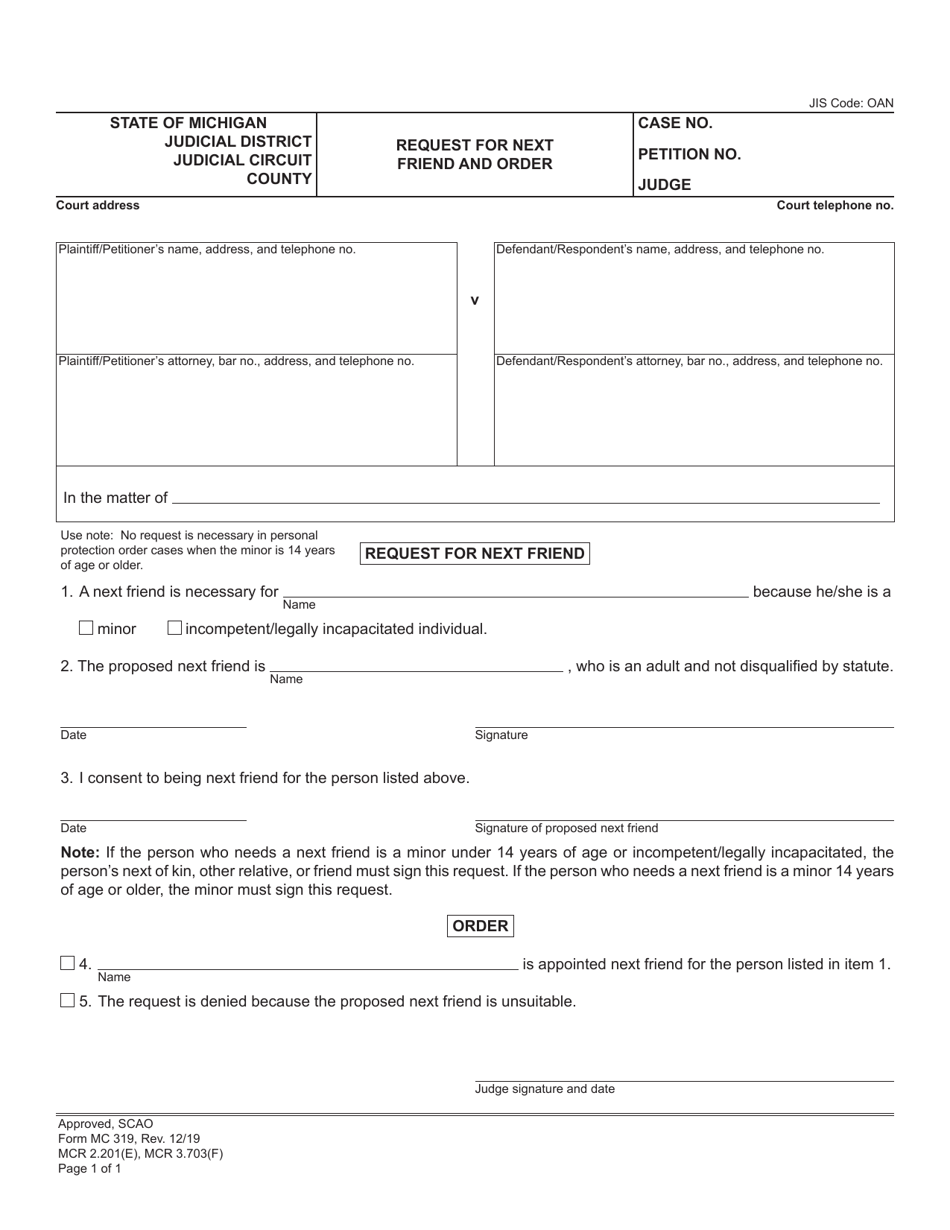 Form MC319 Request for Next Friend and Order - Michigan, Page 1