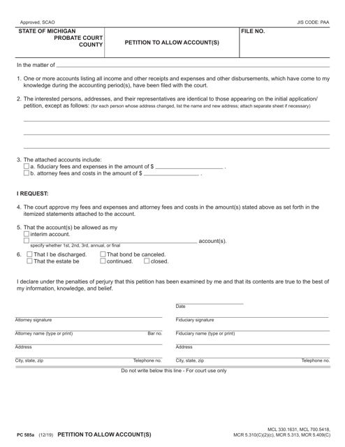 Form PC585A Petition to Allow Account(S) - Michigan