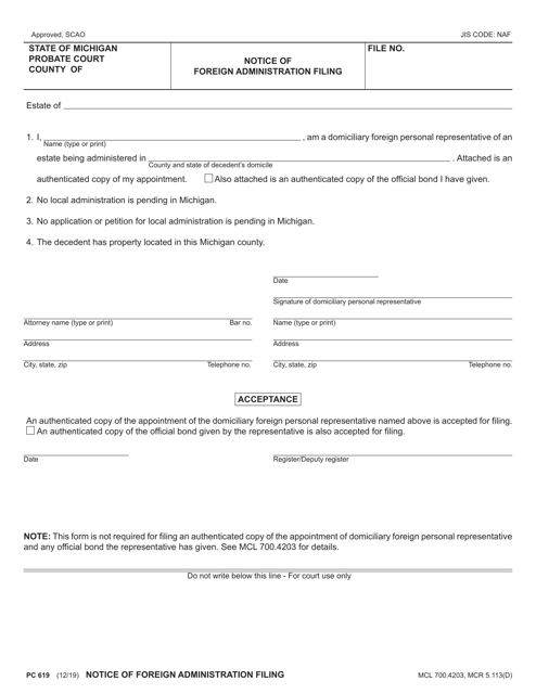 Form PC619 Notice of Foreign Administration Filing - Michigan