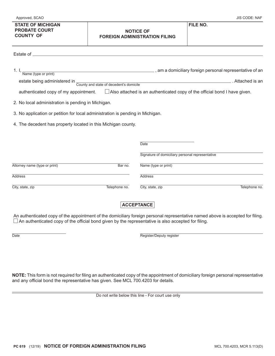 Form PC619 Notice of Foreign Administration Filing - Michigan, Page 1