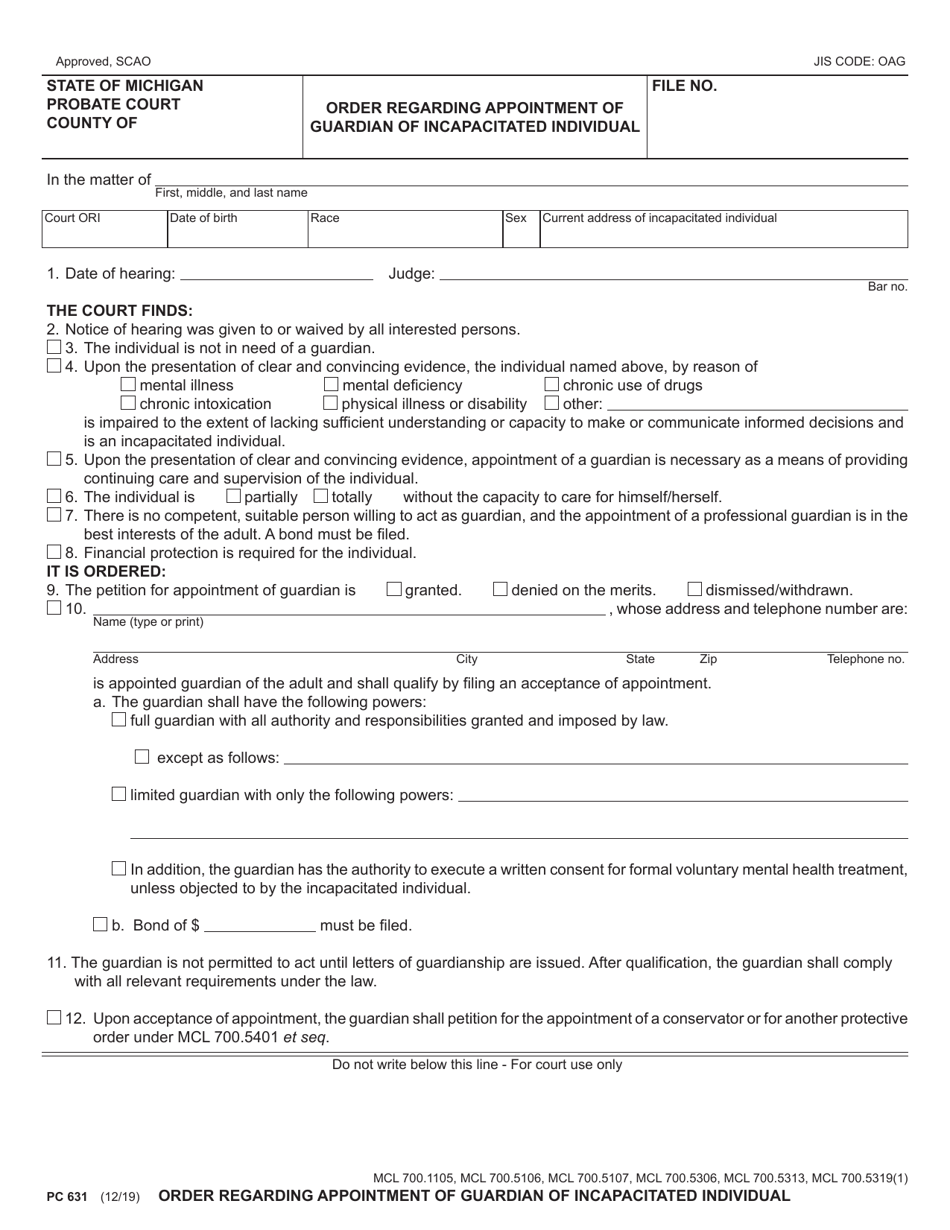 Form PC631 Order Regarding Appointment of Guardian of Incapacitated Individual - Michigan, Page 1