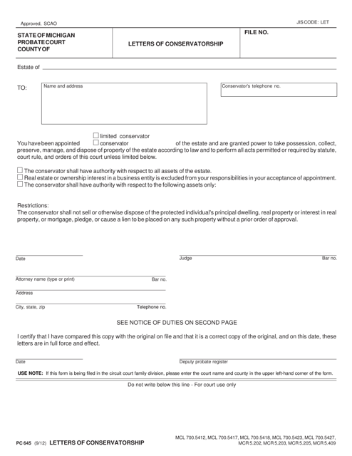 Form PC645 Letters of Conservatorship - Michigan