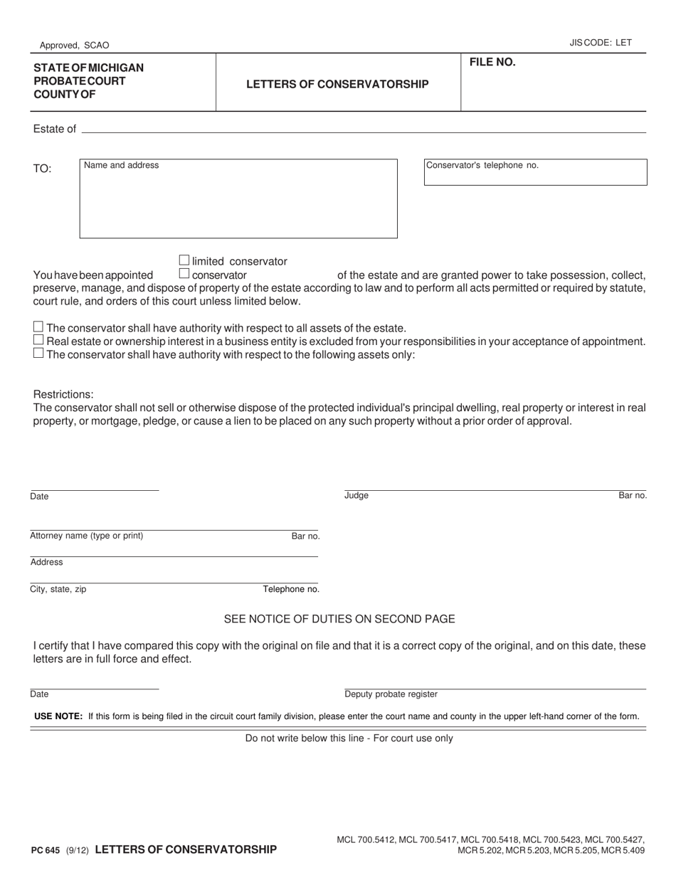 Form PC645 Letters of Conservatorship - Michigan, Page 1