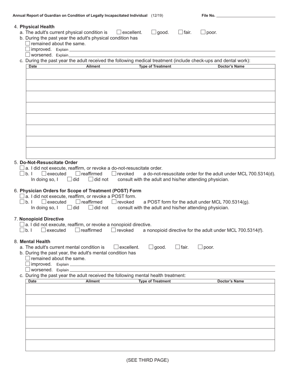 Form PC634 Annual Report of Guardian on Condition of Legally Incapacitated Individual - Michigan, Page 2