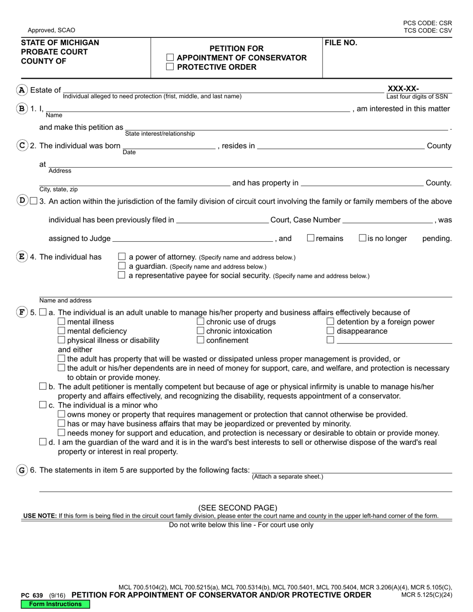 Form PC639 Petition for Appointment of Conservator / Protective Order - Michigan, Page 1