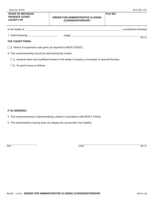 Form PC671 Order for Administrative Closing (Conservatorship) - Michigan