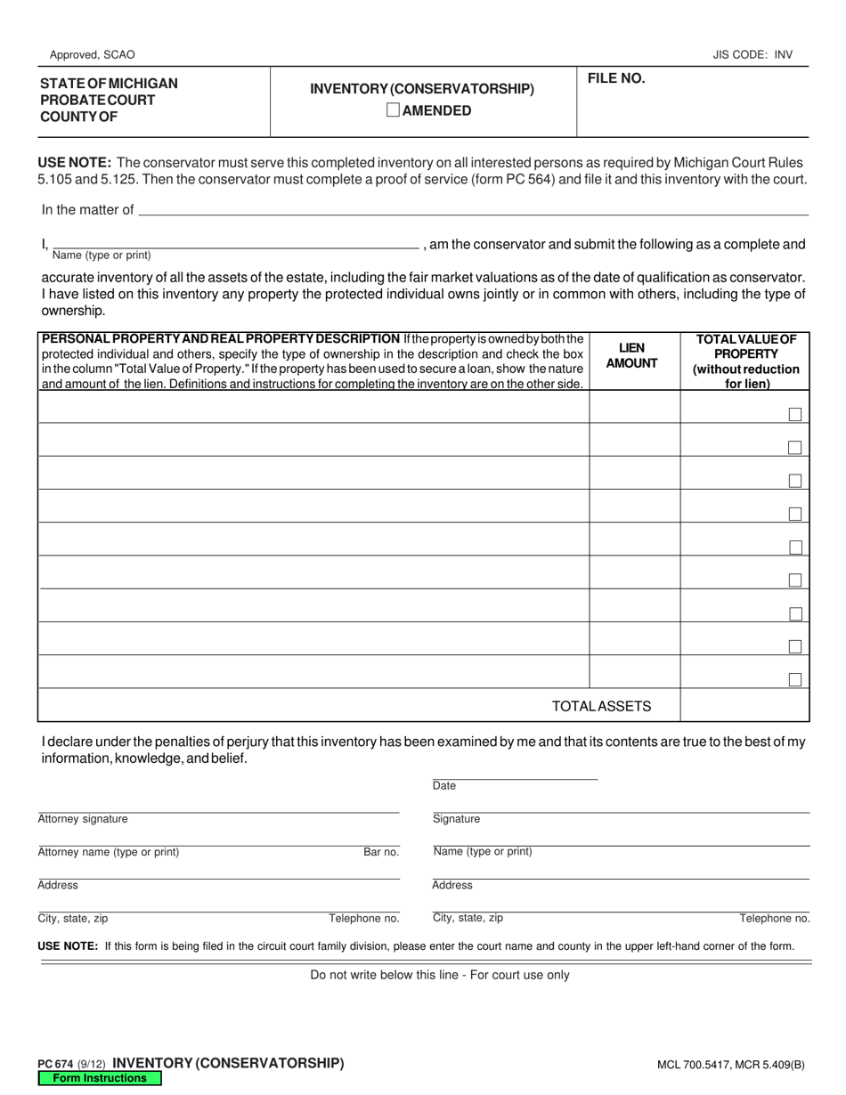 Form PC674 Inventory (Conservatorship) - Michigan, Page 1