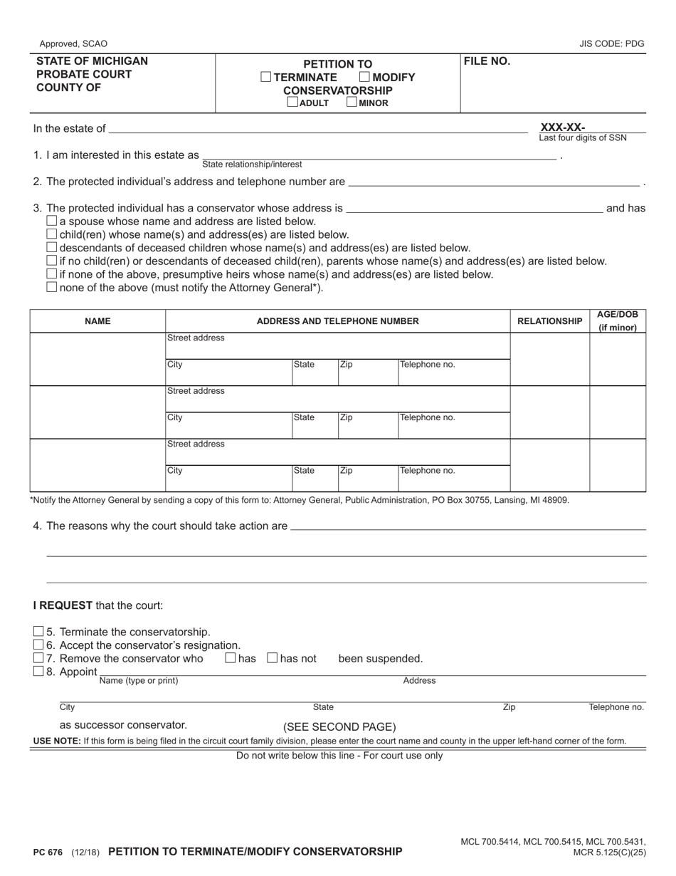 Form PC676 Petition to Terminate / Modify Conservatorship - Michigan, Page 1