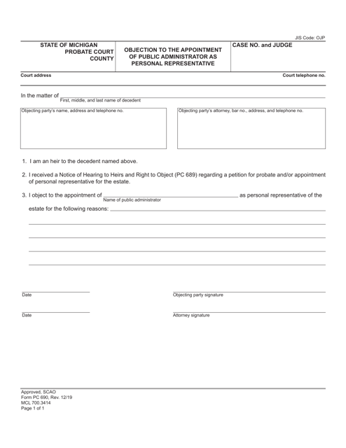 Form PC690 Objection to the Appointment of Public Administrator as Personal Representative - Michigan