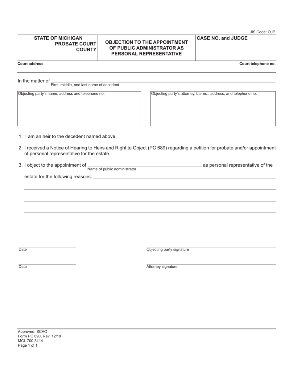 Form PC690 Objection to the Appointment of Public Administrator as Personal Representative - Michigan, Page 1