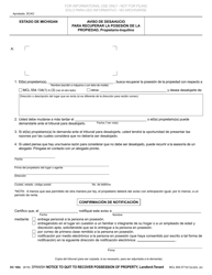 Document preview: Formulario DC100C Aviso De Desahucio Para Recuperar La Posesion De La Propiedad, Propietario-Inquilino - Michigan (Spanish)