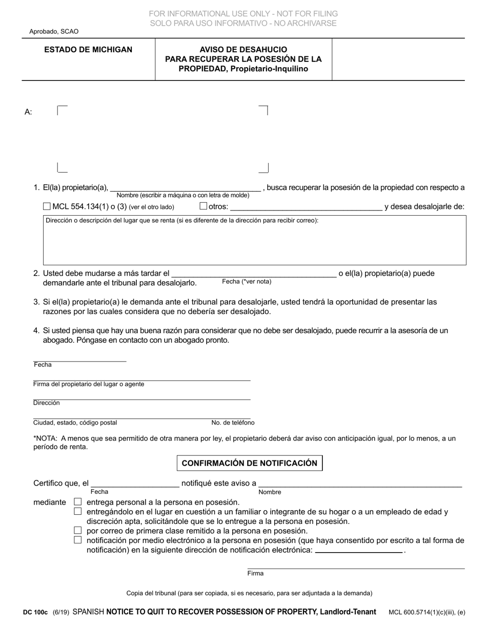 Formulario DC100C Aviso De Desahucio Para Recuperar La Posesion De La Propiedad, Propietario-Inquilino - Michigan (Spanish), Page 1