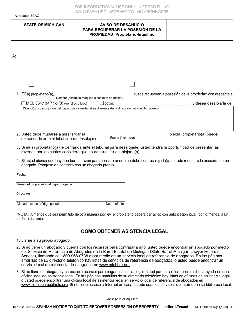 Formulario DC100C Aviso De Desahucio Para Recuperar La Posesion De La Propiedad, Propietario-Inquilino - Michigan (Spanish), Page 2
