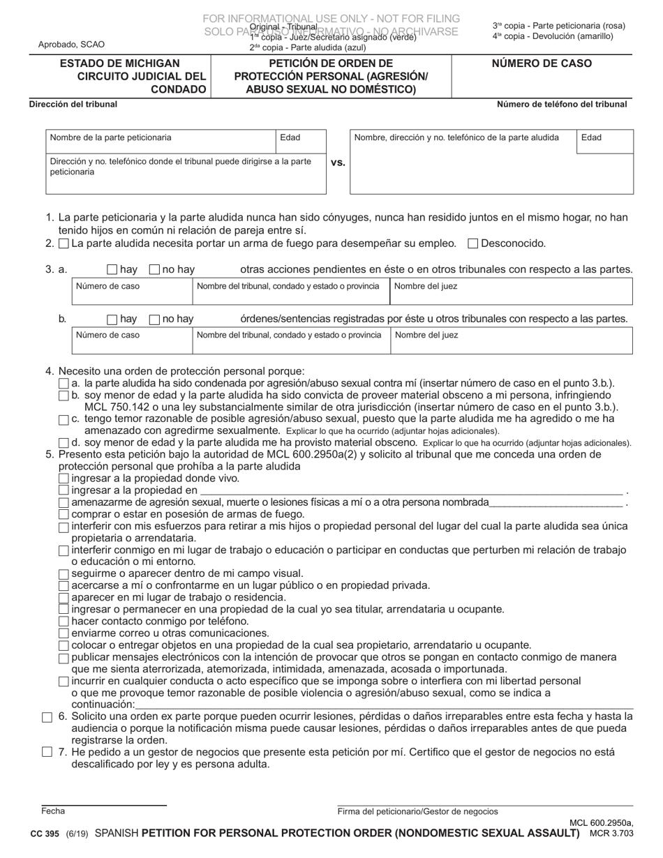 Formulario CC395 Peticion De Orden De Proteccion Personal (Agresion / Abuso Sexual No Domestico) - Michigan (Spanish), Page 1
